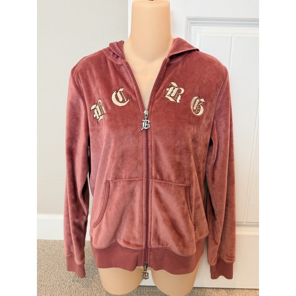 Y2K Vintage BCBGMAXAZRIA Pink Velour Full Zip Hooded Logo Sequin Hoodie Womens M